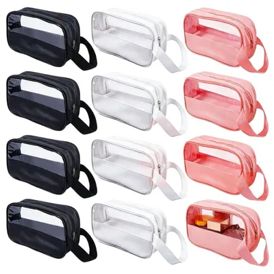 Image de Ensemble de 12 trousses de toilette transparentes pour le maquillage, idéales pour les voyages