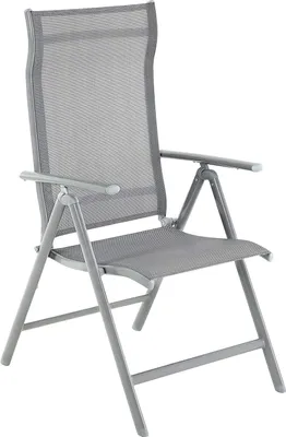 A single gray folding garden chair is shown against a white background.
