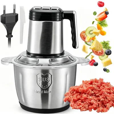 Image de Hachoir électrique multifonction 3 litres - Hachoir à viande et coupe-légumes - Acier inoxydable - Plusieurs vitesses - Pour la viande, les fruits et les aliments pour bébés