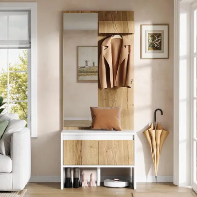 Produktbild von MODFU Garderoben-Set flur,Garderobensets mit Spiegel und Schuhbank,Garderobenständer Kleiderschrank mit Haken und 2 Schubladen,60×38×145cm Flurmöbel,Weiß+Natur