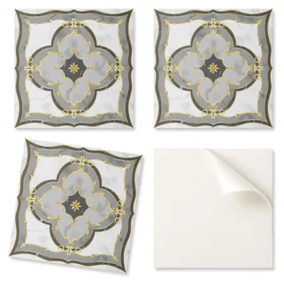 Produktbild von Packung bedruckter Vinylfliesen mit elegantem Muster und Ornamenten, 20 x 20 x 20 cm