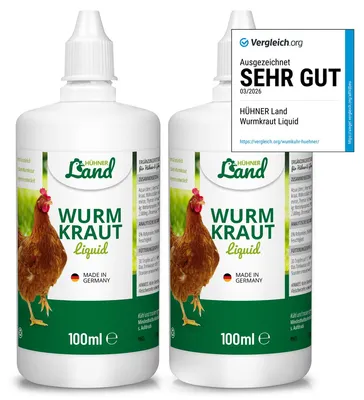 Produktbild von HÜHNER Land Wurmkraut Liquid 2x100ml – für Hühner & Geflügel, mit echtem Wurmkraut (Artemisia Absinthium) in rezepturbasierter Pflanzenformel, geeignet für Hühner