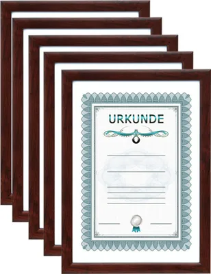 A stack of five mahogany-colored picture frames, with one frame displaying a certificate.