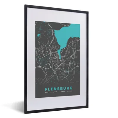 Produktbild von MuchoWow® Gerahmtes Poster Stadtplan - Karte - Deutschland - Blau - Flensburg - Karte 40x60 cm - Poster mit Schwarzem Bilderrahmen Wandposter Rahmen Foto Bilder - Poster in Rahmen