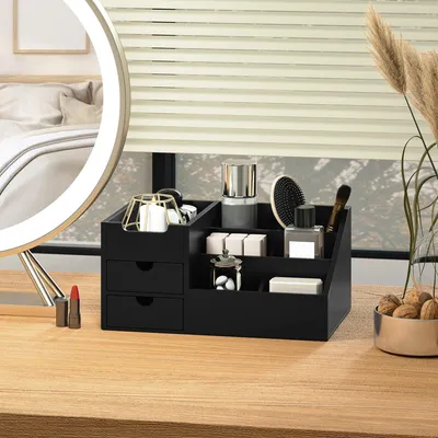 Produktbild von SUGIFT Schreibtischorganizer Bambus, 2 Schubladen 7 Fächer, Büro Organizer, Schwarz | 33 x 20,5 x 15,5 cm | 3 kg Belastbarkeit