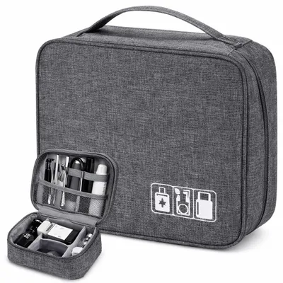 Produktbild von Reise-Organizer-Tasche für Ladegeräte und Kabel – Elektronik Organizer mit Fächern, Kabeltasche für Zubehör, Grau