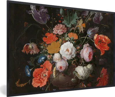 Produktbild von MuchoWow® Gerahmtes Poster Stilleben mit Blumen und einer Uhr - Gemälde von Abraham Mignon 60x40 cm - Poster mit Schwarzem Bilderrahmen Wandposter Rahmen Foto Bilder - Printing - Wanddeko Schlafzimmer