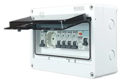 Produktbild von RoadEu Sicherungskasten IP65 mit FI, 5x LS C16A und Schuko