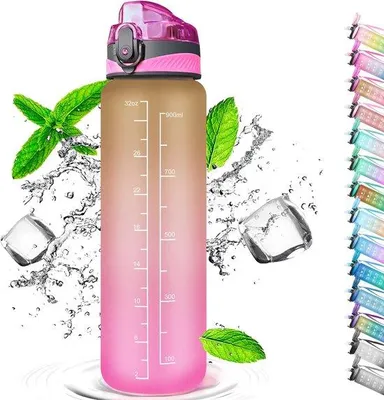 Productafbeelding van Famanu waterfles, 1 liter, met drinkrietje en tijdmarkering - BPA-vrij
