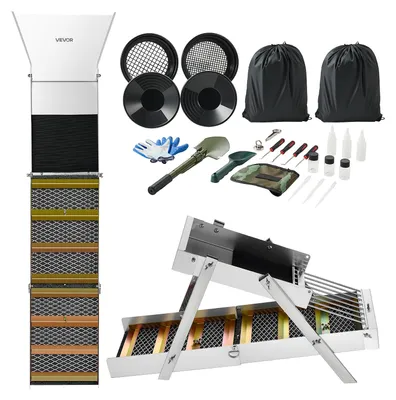 Image de Kit de prospection d'or VEVOR Highbanker 127 cm (50 pouces), canal de lavage pliable 3-en-1 en alliage d'aluminium, 26 pièces. Kit de prospection portable comprenant des batées, un tamis de tri, un aimant, un sac à dos et des accessoires