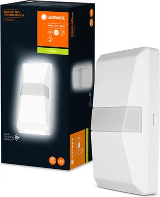 A product box and the product itself are shown. The box has branding and product details, and the product is a white outdoor sensor light.