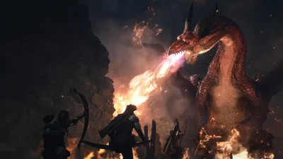A dragon breathing fire at a group of adventurers.