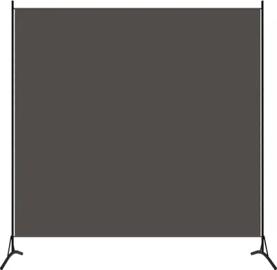 A freestanding room divider with a dark grey fabric panel and black metal frame and legs, shown against a white background.