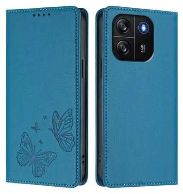 Image de Étui en cuir pour Blackview Wave 6C, motif papillon, étui à rabat avec porte-appareil, bleu