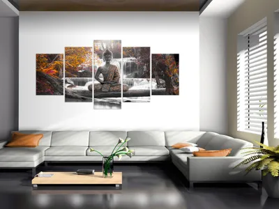 Produktbild von Akustikbild Buddha Landschaft 200x100 cm Bilder Akustikschaum Hochleistungsschallabsorber Schallschutz Leinwand 5 tlg Wandbild Raumakustik Schalldämmung c-A-0021-b-p