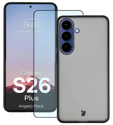 Produktbild von Schutzhülle + gehärtetem Glas Bizon Angelo Pack für Galaxy S26 Plus, Getönte mit schwarzem Rahmen