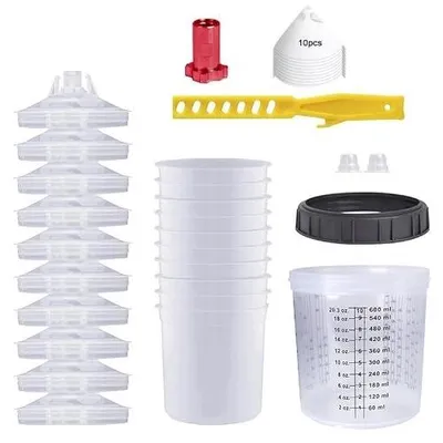 Zdjęcie produktu dla Kubki do mieszania farby 600 ml zestaw 10 szt. z lejkami filtry