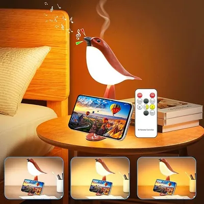 Produktbild von Kleine Vogeltischlampe,2600mAh USB kabellose Lampe,3 Farbtemperaturen,Smartphone Halterung,Aroma Diffusor,Vogelklang,tragbare Nachttischlampe(Redwood)
