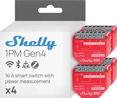 Produktbild von Shelly Relais "1PM Gen4 4er Pack" max 16A 1 Kanal Messfunktion WLAN Matter Zigbee Bluetooth