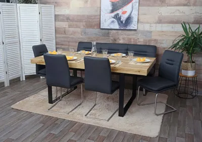 Produktbild von Esszimmer-Set MCW-H70, Esszimmergruppe Sitzgruppe Esszimmergarnitur, Stoff/Textil Edelstahl gebürstet dunkelgrau 180cm