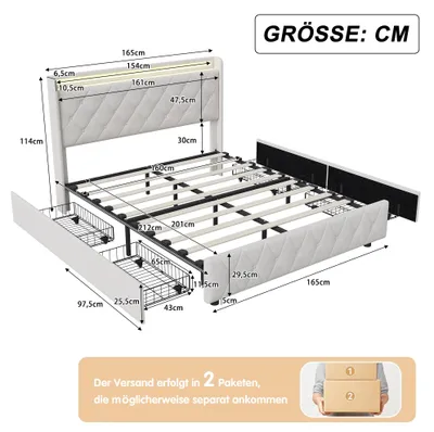 Immagine prodotto di Letto imbottito - Letto matrimoniale con spazio contenitore - 160 x 200 cm - Testiera - Tessuto - Beige