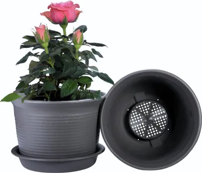 Produktbild von Kunststoff-Blumentöpfe 15 cm - Set von 10 Stück mit Drainageuntersetzer (schwarz-grau)