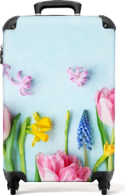 Produktbild von NoBoringSuitcases.com® Koffer Handgepäck Trolley Rollkoffer Kleine Reisekoffer mit 4 Rollen - Blumen - Frühling - Blau - Rosa - Stilleben - Cabin Size < 55x40x23 cm & 55x40x20 cm - Fotokoffer - Kabinenkoffer - BoardgepäckHandgepäck Koffer 55x35x20 cm, 36L,