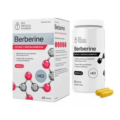 A product shot of a box and a bottle of Berberine supplement, with two capsules in front.