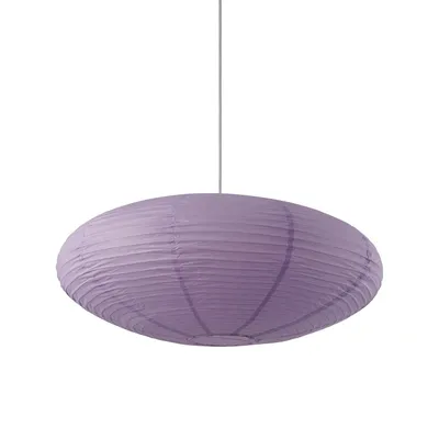 A purple paper lantern lamp shade is shown hanging from a thin cord against a white background.