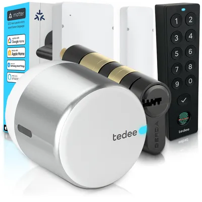 Obrázek produktu pro Tedee GO2 Alu s Keypad PRO, senzorem dveří a vložkou Gerda EXXO – Chytrý zámek, otisk prstu, třída 6, bezpečné zamykání, bezklíčový vstup, Matter