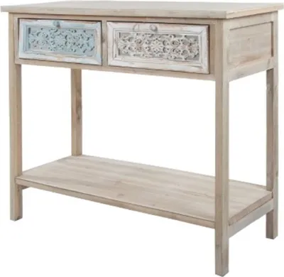 Produktbild von Casa Padrino Landhausstil Konsole Antik Weiß / Naturfarben 85 x 37 x H. 77 cm - Handgefertigter Shabby Chic Konsolentisch mit 2 Schubladen