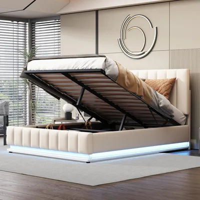 Produktbild von LED Polsterbett 140x200 cm mit Bettkasten & Metalllattenrost, Doppelbett mit verstellbarem Kopfteil für Schlafzimmer Jugendzimmer, Weiß
