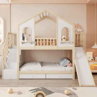 Productafbeelding van Kinderstapelbed 90 × 200 cm, huisbed met glijbaan, opbergladder, laden en planken, stapelbed met lattenbodem, kinderbed, natuurlijk hout