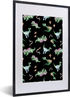 Produktbild von MuchoWow® Gerahmtes Poster Dinosaurier - Muster - Kinderzimmer - Jungen - Mädchen - Kinder - Kinder 40x60 cm - Poster mit Schwarzem Bilderrahmen Wandposter Rahmen Foto Bilder - Poster in Rahmen