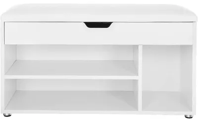 Image de Armoire blanche pour chaussures avec banc intégré, meuble de rangement en bois – 80 x 44 x 30 cm (largeur x hauteur x profondeur)