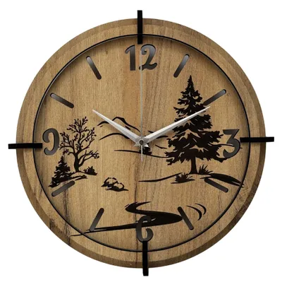 Produktbild von Wanduhr aus Holz mit Naturmotiv | Gold Eiche Silberne Hände 30 cm