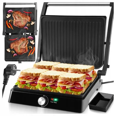 Obrázok produktu pre Elektrický gril, 2200 W, s nepriľnavým povrchom, s 180° otočným pántom, odkvapkávacia miska, regulácia teploty