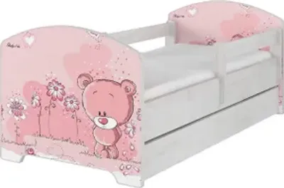Obrázok produktu pre Detská posteľ z masívu mládežnícka posteľ junior posteľ vrátane matraca a zásuvky 160x80; ružové medvedíky