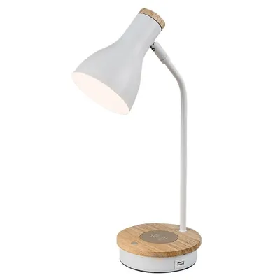 A white desk lamp with a wooden base is shown against a white background.