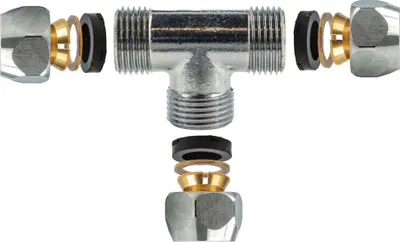 Produktbild von tecuro Quetschverschraubung, T-Stück, für Ø 8 mm Kupferrohr, Messing verchromt