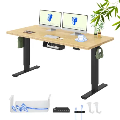 Produktbild von FLEXISPOT Höhenverstellbarer Schreibtisch 160x80cm, Bambus-Tischplatte, 2 starke Motoren, 120kg Tragkraft 4 Speicherplätze Premium-Zubehör-Set Schwarz