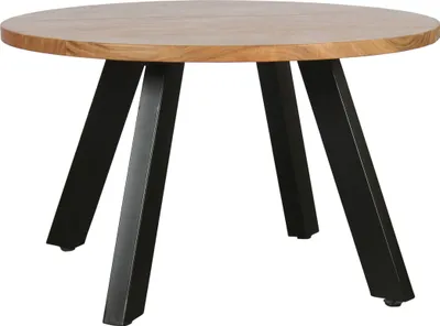 A round wooden coffee table with black metal legs is shown against a white background.