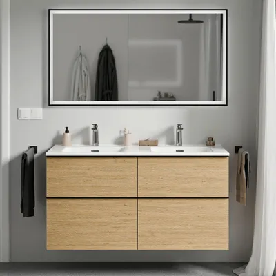 Produktbild von Waschtischunterschrank LAVOA 120 cm mit Doppelwaschbecken - Farbe wählbar, Farbe Badmöbel:Eiche Honiggold, Waschbecken:Weiß glänzend, Metallgriff:Anthrazit matt