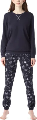Produktbild von Merry Style Damen Schlafanzug Zweiteiler lang Pyjama Langarm Lange Hose mit Muster MS10-168 (Marineblau (Silberne Sterne), L)