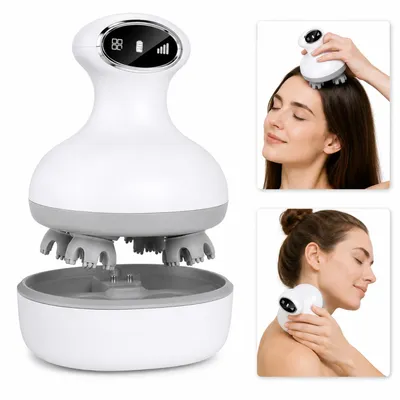 Produktbild von Elektrischer Kopf- und Kopfhautmassagegerät, Wasserdicht, 84 Massageknoten, 4 Austauschbare Aufsätze, für Haarwachstum, Stressabbau & Haustiere, Weiß