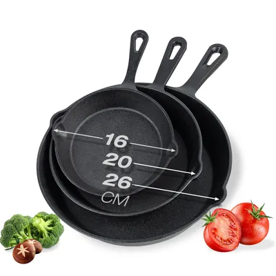 Produktbild von Gusseisenpfanne 3 tlg Pfannenset HOMELUX Bratpfanne Gusseisen Pfanne Induktion, Antihaft Pfanne 16 cm,20cm,26cm Geeignet für alle Herdarten