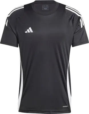 A black Adidas t-shirt with white accents.