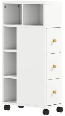 Produktbild von Badezimmerschrank Schmal Badschrank mit 4 Rollen 20 x 40 x 80 cm Weiß, 3 Schubladen, Nischenschrank Aufbewahrungsschrank, 5 Offene Fächer, Toilettenschrank für Kleine Räume