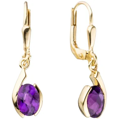 Produktbild von Paar Ohrringe Ohrhänger mit Amethyst violett lila oval 333 Gold Gelbgold Damen