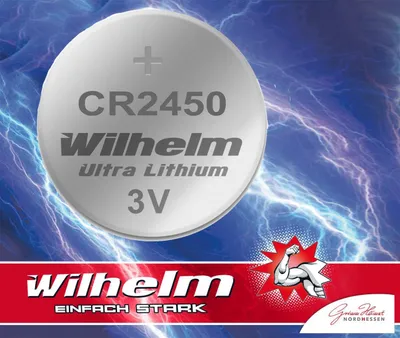 A close-up of a CR2450 lithium battery with brand name and specifications, set against a background of blue lightning.